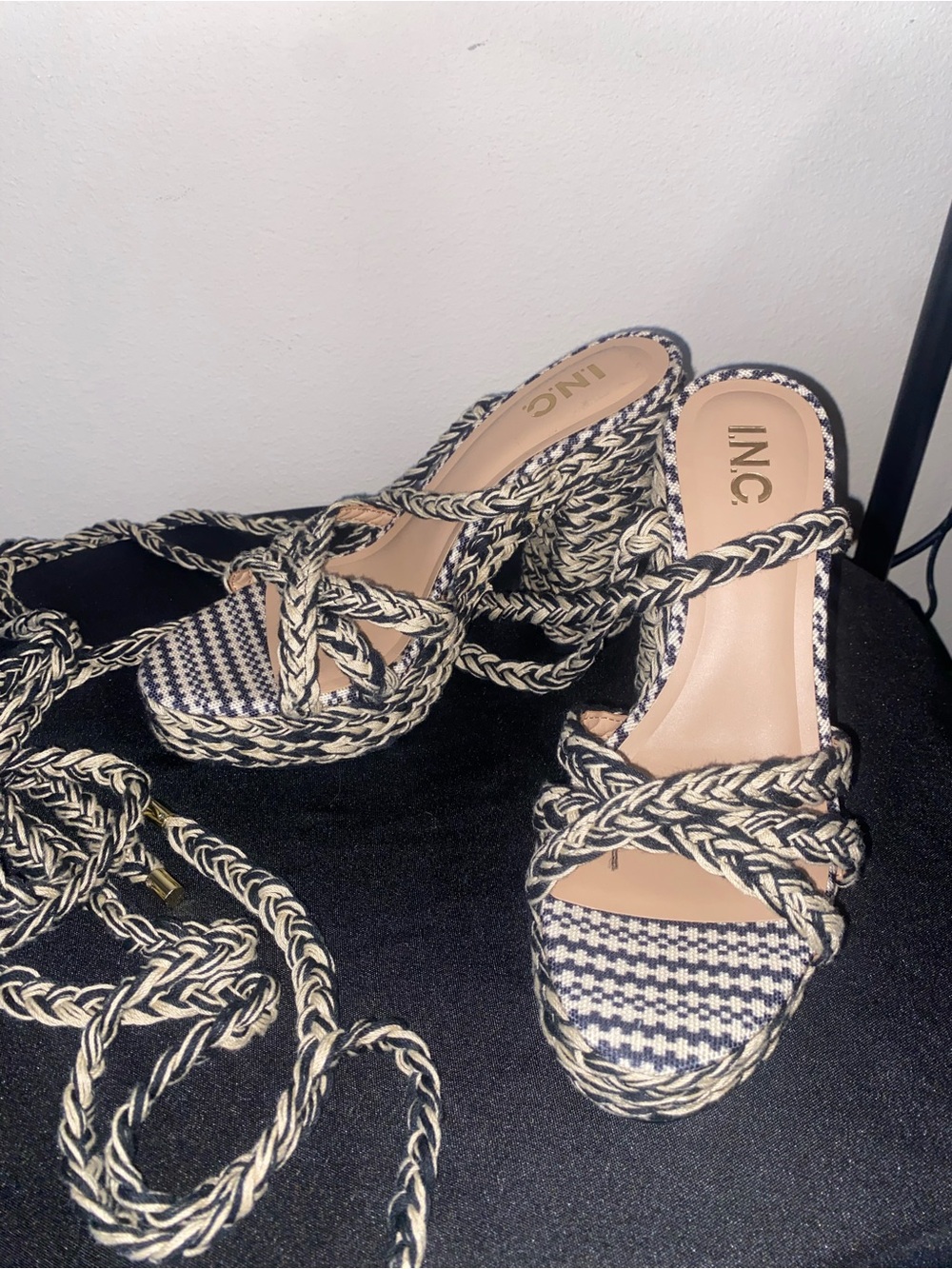 INC International Concepts Black & Cream Braided Platform Heels with Wrap Ties